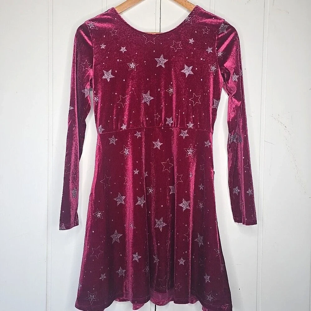 Gymboree Velvet Star Dress Kids XL 14 Burgundy‎ Glitter Celestial Holiday Skater